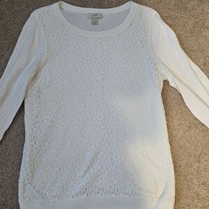 LOFT SZ LG WHITE LACE OVER LIGHT WEIGHT WHITE SWEATER